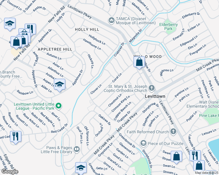 map of restaurants, bars, coffee shops, grocery stores, and more near 42 Coral Lane in Levittown