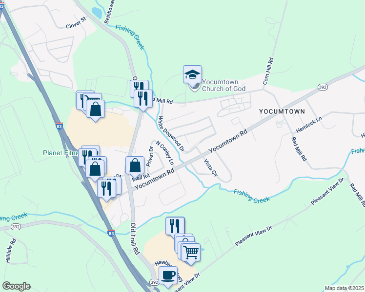 map of restaurants, bars, coffee shops, grocery stores, and more near 147 White Dogwood Drive in Goldsboro
