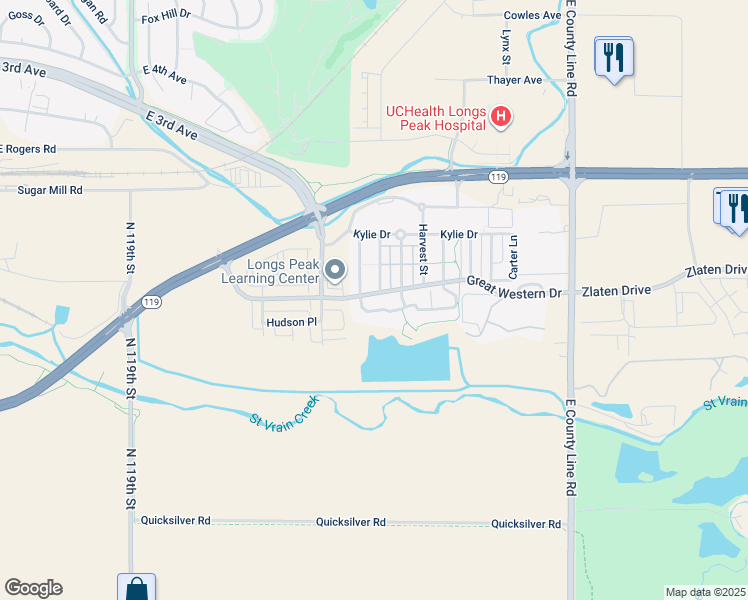map of restaurants, bars, coffee shops, grocery stores, and more near 323 Sugarbin Court in Longmont