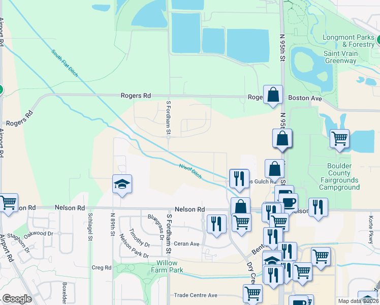 map of restaurants, bars, coffee shops, grocery stores, and more near Dry Creek Dr in Longmont