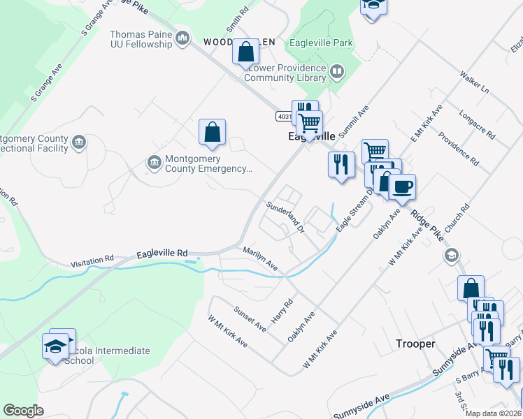 map of restaurants, bars, coffee shops, grocery stores, and more near 3001 Cardin Place in Eagleville