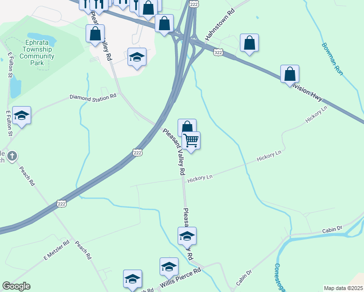 map of restaurants, bars, coffee shops, grocery stores, and more near 286 Pleasant Valley Rd in Ephrata