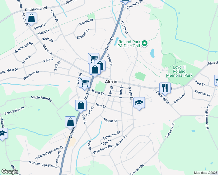 map of restaurants, bars, coffee shops, grocery stores, and more near 806r Main Street in Akron
