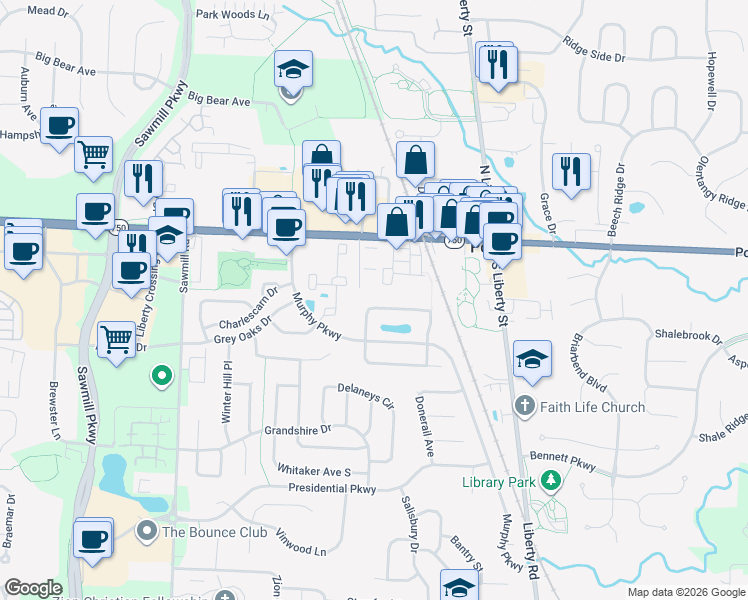 map of restaurants, bars, coffee shops, grocery stores, and more near 187 West Olentangy Street in Powell