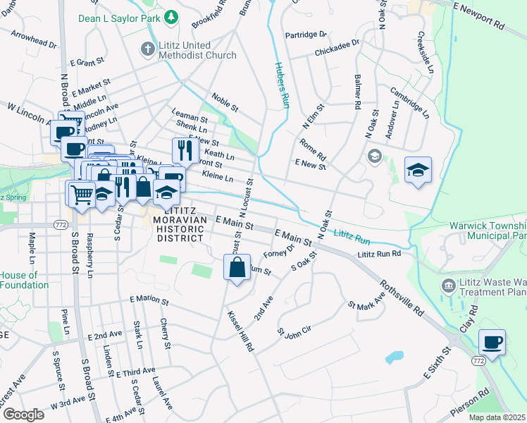 map of restaurants, bars, coffee shops, grocery stores, and more near 425 North Lane in Lititz
