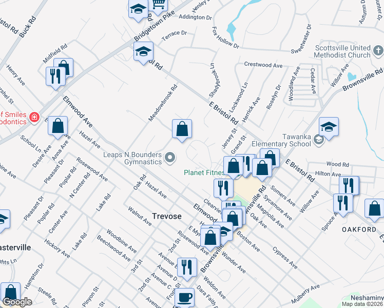 map of restaurants, bars, coffee shops, grocery stores, and more near 286-290 Andrews Road in Feasterville-Trevose