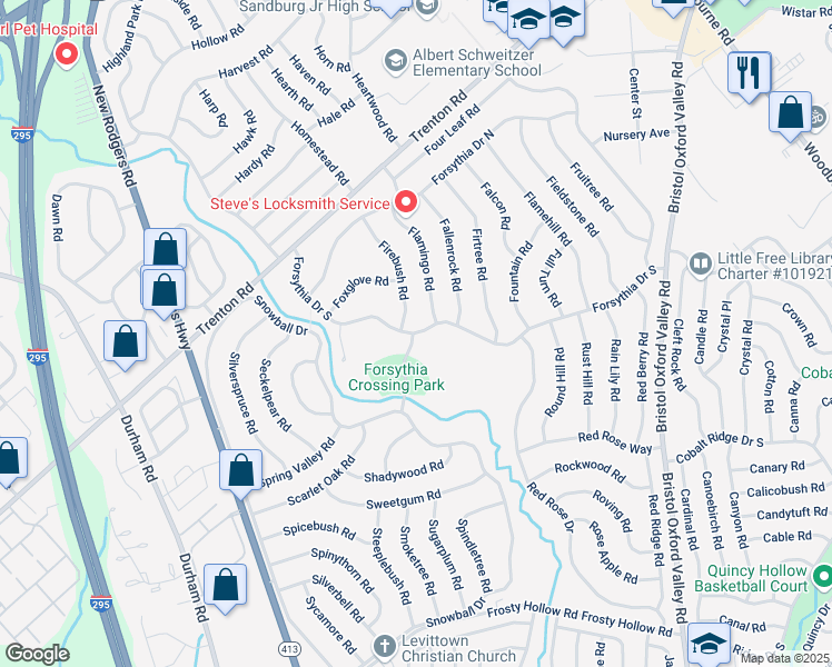 map of restaurants, bars, coffee shops, grocery stores, and more near 145 Forsythia Drive South in Levittown