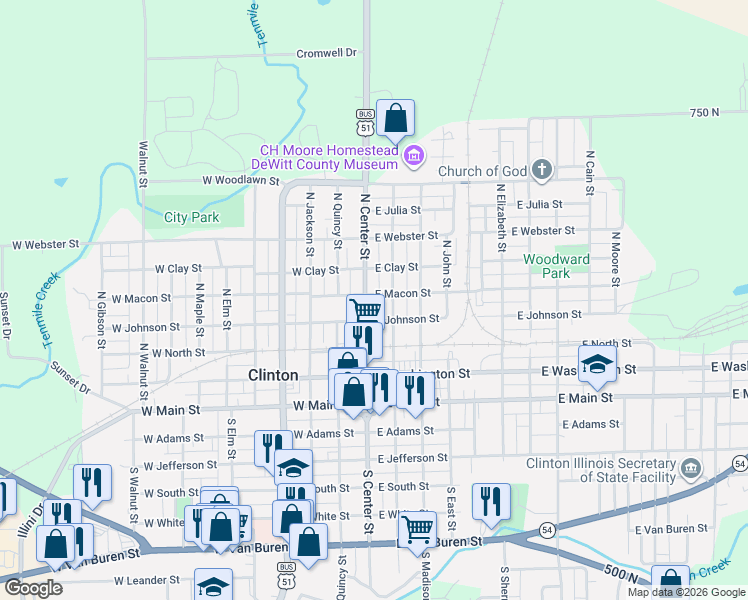 map of restaurants, bars, coffee shops, grocery stores, and more near 502 North Center Street in Clinton