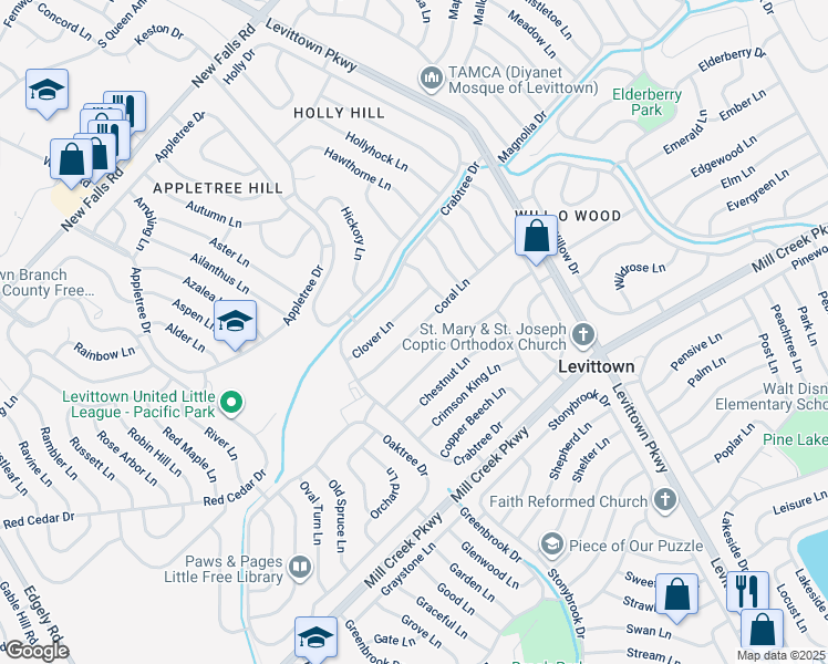 map of restaurants, bars, coffee shops, grocery stores, and more near 42 Coral Lane in Levittown
