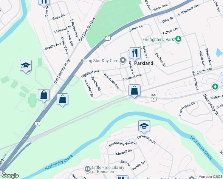 map of restaurants, bars, coffee shops, grocery stores, and more near 1637 Winter Avenue in Langhorne