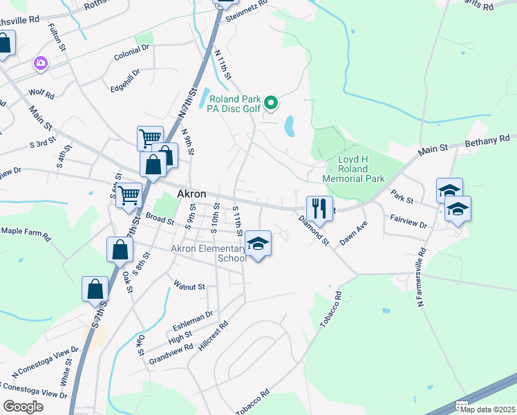 map of restaurants, bars, coffee shops, grocery stores, and more near 1134 Main Street in Akron