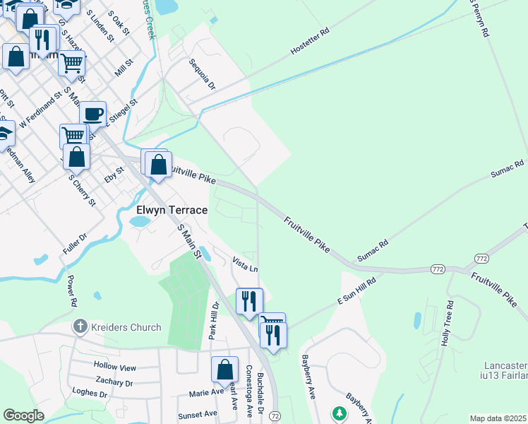 map of restaurants, bars, coffee shops, grocery stores, and more near 533 South Oak Street in Manheim