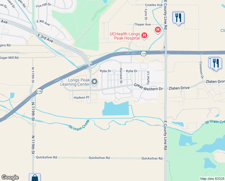 map of restaurants, bars, coffee shops, grocery stores, and more near 1601 Great Western Drive in Longmont