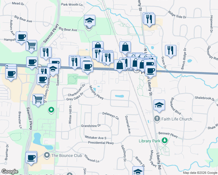 map of restaurants, bars, coffee shops, grocery stores, and more near 187 West Olentangy Street in Powell