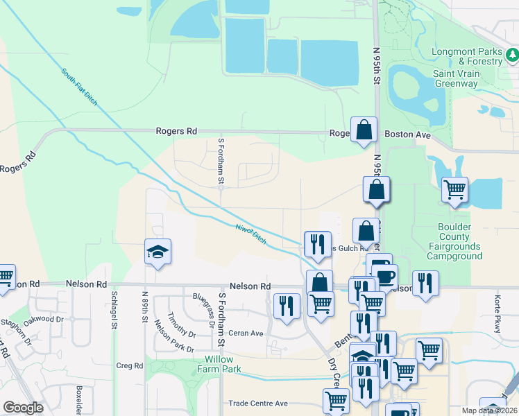 map of restaurants, bars, coffee shops, grocery stores, and more near 2430 Mountain Brook Drive in Longmont