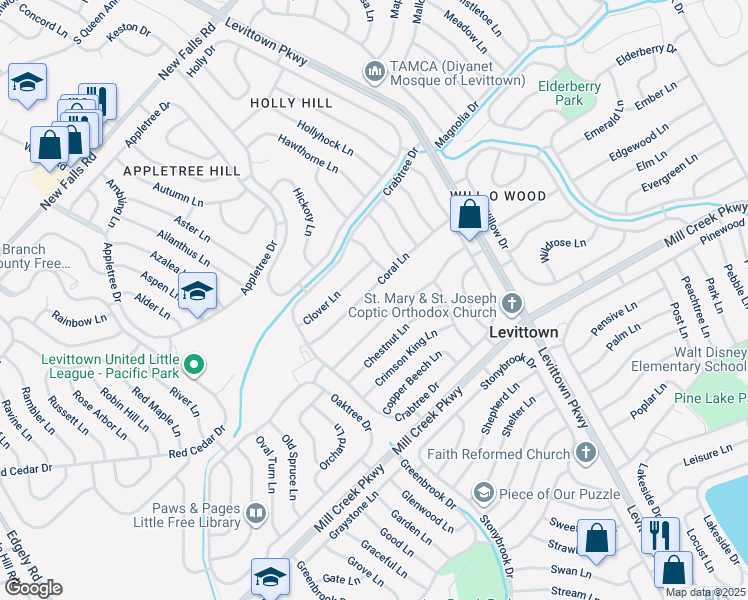 map of restaurants, bars, coffee shops, grocery stores, and more near 46 Coral Lane in Levittown