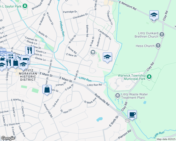 map of restaurants, bars, coffee shops, grocery stores, and more near 612 Front Street in Lititz