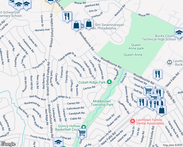 map of restaurants, bars, coffee shops, grocery stores, and more near 54 Cobalt Ridge Drive East in Levittown