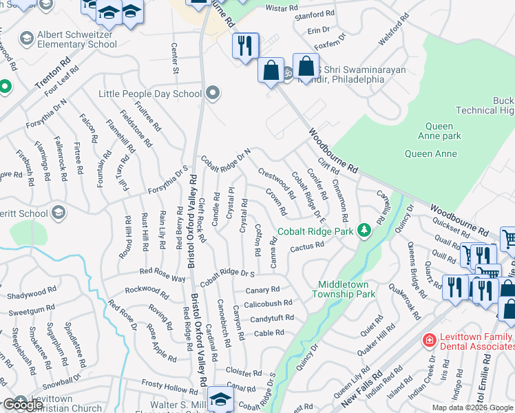 map of restaurants, bars, coffee shops, grocery stores, and more near 66 Crystal Road in Levittown