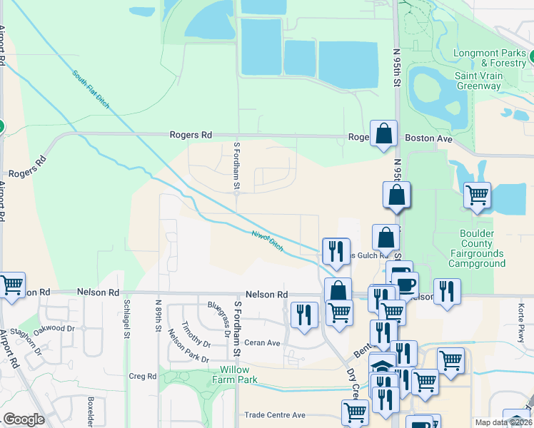 map of restaurants, bars, coffee shops, grocery stores, and more near Dry Creek Dr in Longmont