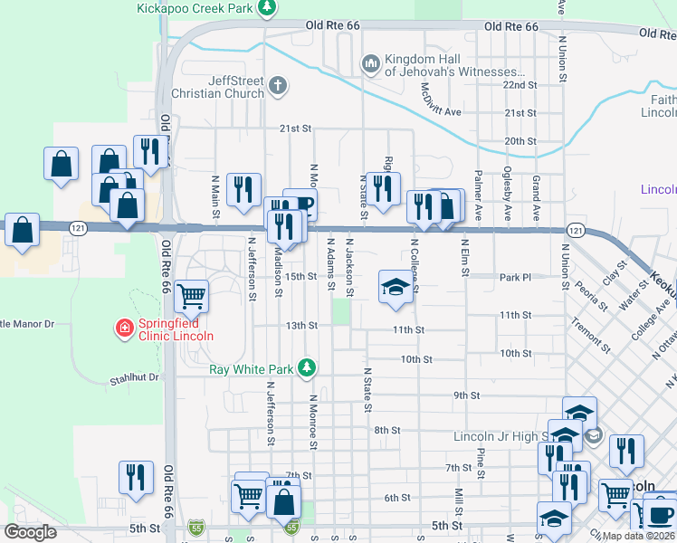 map of restaurants, bars, coffee shops, grocery stores, and more near 800 North Adams Street in Lincoln
