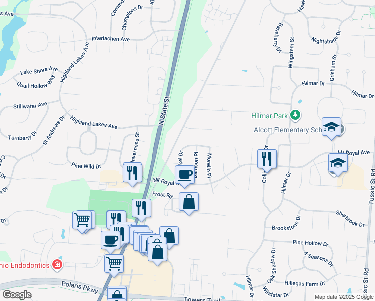 map of restaurants, bars, coffee shops, grocery stores, and more near 6704 Seckel Drive in Westerville