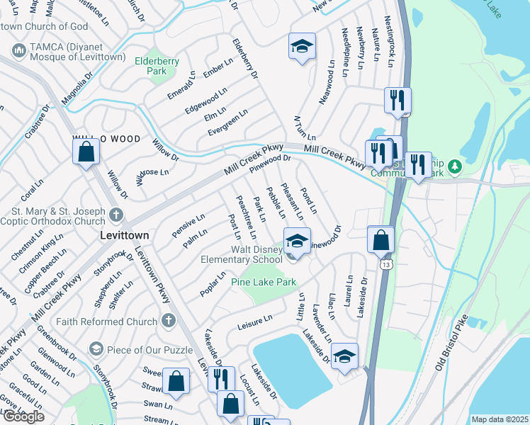 map of restaurants, bars, coffee shops, grocery stores, and more near 28 Park Lane in Levittown