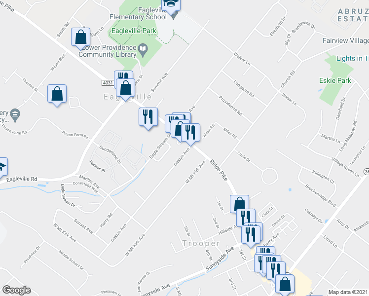 map of restaurants, bars, coffee shops, grocery stores, and more near 3126 Ridge Pike in Norristown