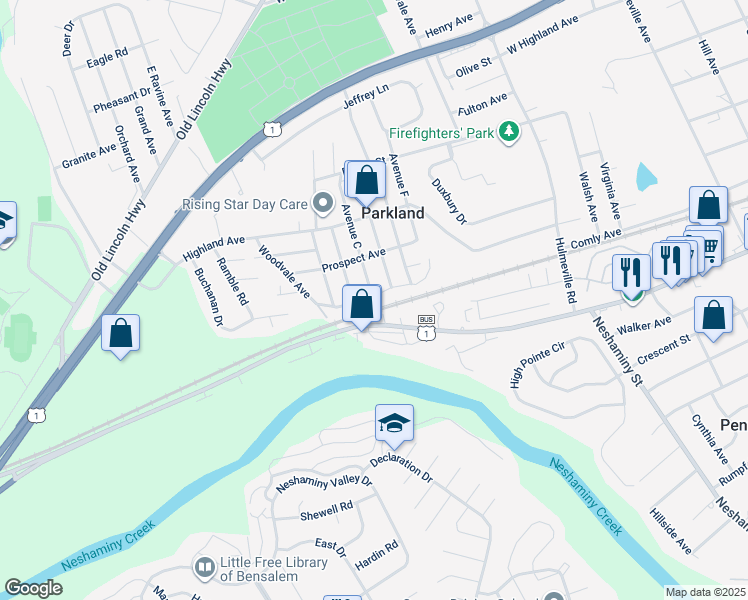 map of restaurants, bars, coffee shops, grocery stores, and more near 1230 Parkland Avenue in Langhorne