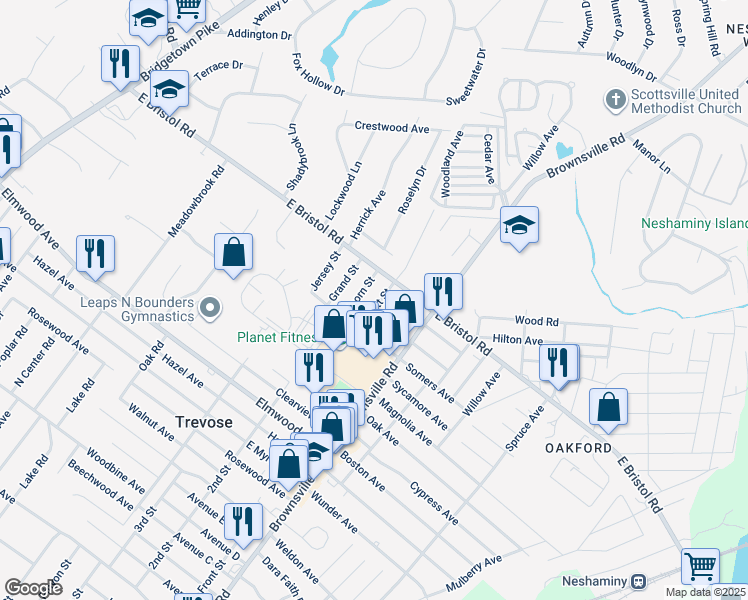 map of restaurants, bars, coffee shops, grocery stores, and more near 1942 Scott Street in Trevose