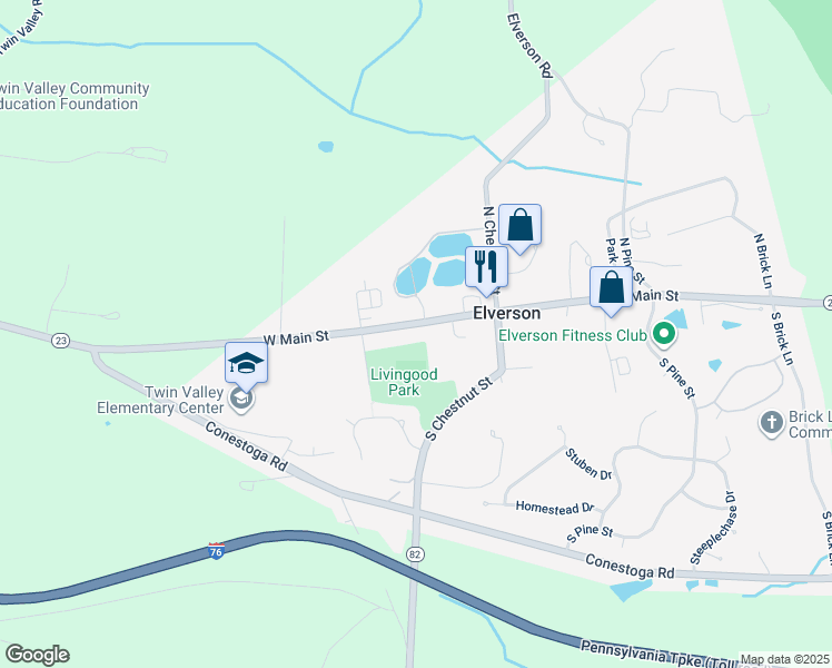 map of restaurants, bars, coffee shops, grocery stores, and more near 32 East Main Street in Elverson