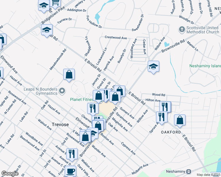 map of restaurants, bars, coffee shops, grocery stores, and more near 1942 Scott Street in Trevose