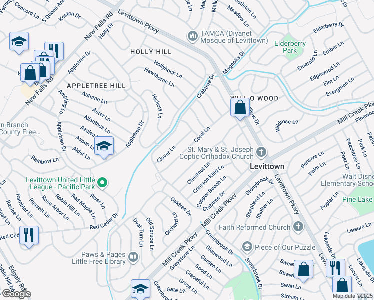 map of restaurants, bars, coffee shops, grocery stores, and more near 18 Coral Lane in Levittown
