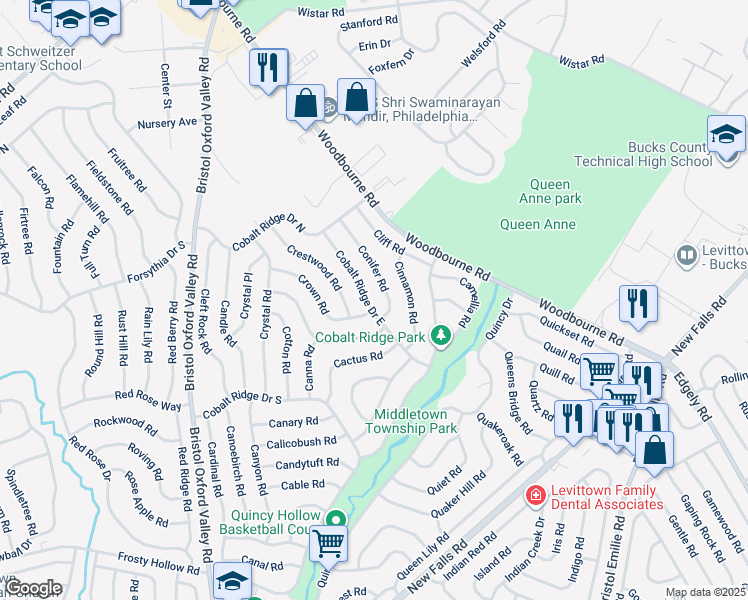 map of restaurants, bars, coffee shops, grocery stores, and more near 54 Cobalt Ridge Drive East in Levittown