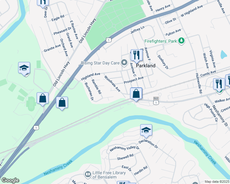 map of restaurants, bars, coffee shops, grocery stores, and more near 1626 Winter Avenue in Langhorne