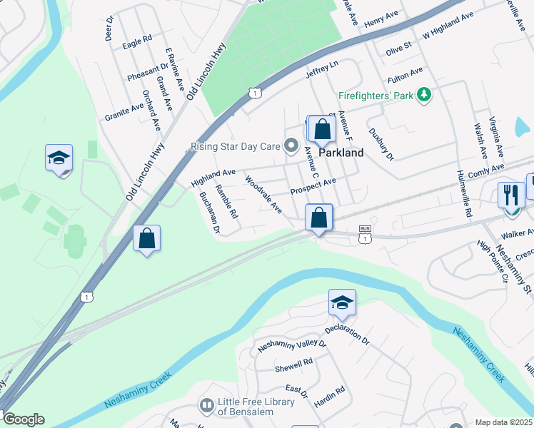 map of restaurants, bars, coffee shops, grocery stores, and more near 1626 Winter Avenue in Langhorne
