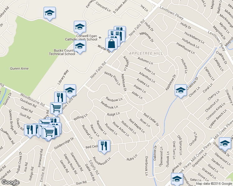map of restaurants, bars, coffee shops, grocery stores, and more near 283 Red Cedar Drive in Levittown