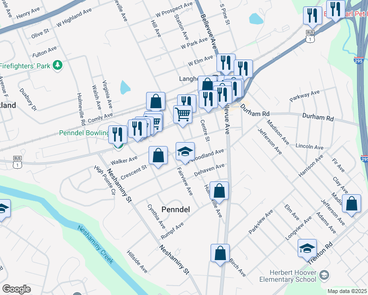 map of restaurants, bars, coffee shops, grocery stores, and more near 218 Hulmeville Avenue in Penndel