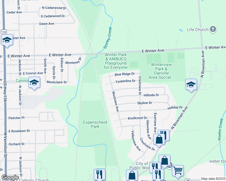 map of restaurants, bars, coffee shops, grocery stores, and more near 1901 Westview Avenue in Danville