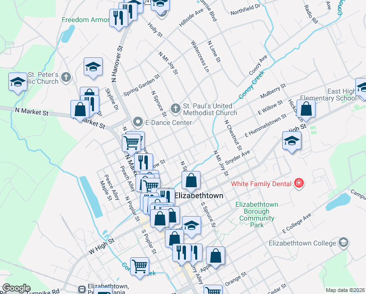 map of restaurants, bars, coffee shops, grocery stores, and more near 201 North Spruce Street in Elizabethtown