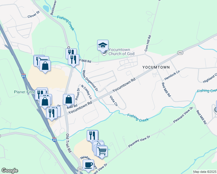 map of restaurants, bars, coffee shops, grocery stores, and more near 50 White Dogwood Drive in Etters