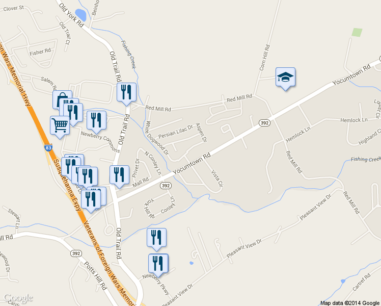 map of restaurants, bars, coffee shops, grocery stores, and more near 50 White Dogwood Drive in Etters