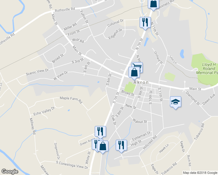 map of restaurants, bars, coffee shops, grocery stores, and more near 678 Broad Street in Akron