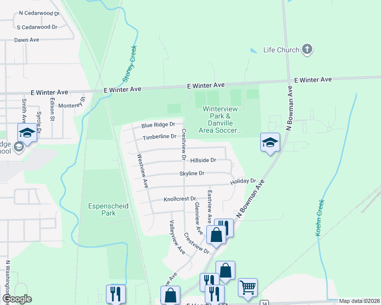 map of restaurants, bars, coffee shops, grocery stores, and more near 1023 Sunset Ridge Drive in Danville