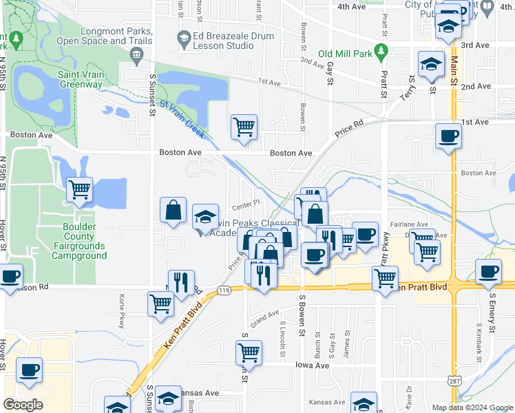 map of restaurants, bars, coffee shops, grocery stores, and more near 314 Barnard Court in Longmont
