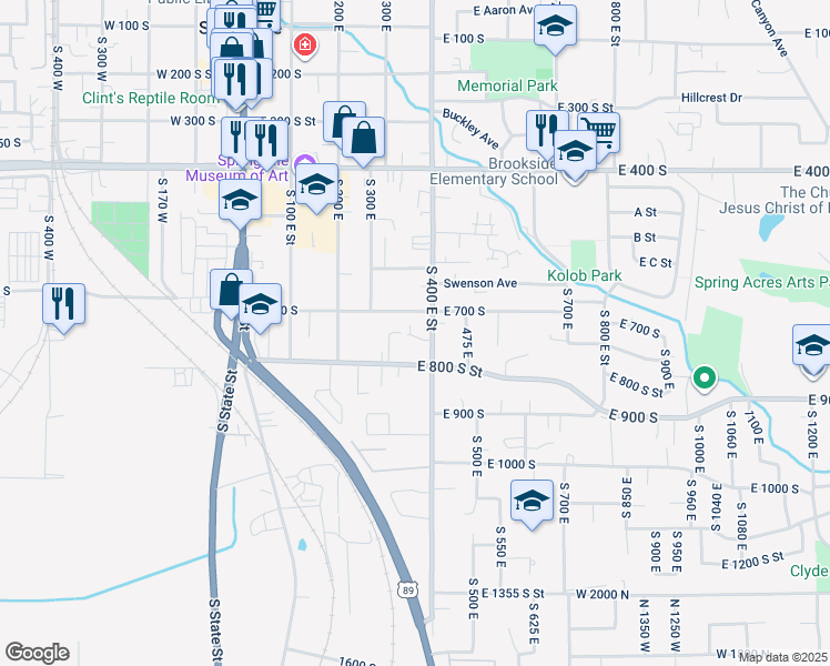 map of restaurants, bars, coffee shops, grocery stores, and more near 370 East 700 South in Springville