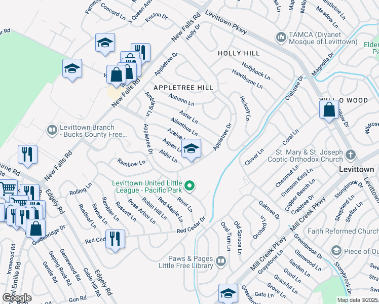 map of restaurants, bars, coffee shops, grocery stores, and more near 12 Aspen Lane in Levittown