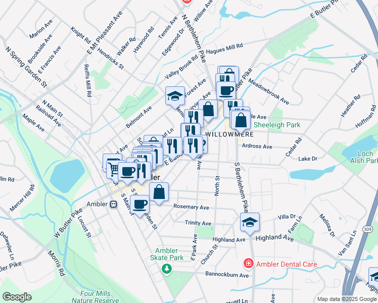map of restaurants, bars, coffee shops, grocery stores, and more near 236 East Butler Avenue in Ambler