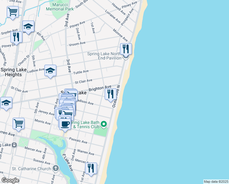 map of restaurants, bars, coffee shops, grocery stores, and more near 11 Brighton Avenue in Spring Lake