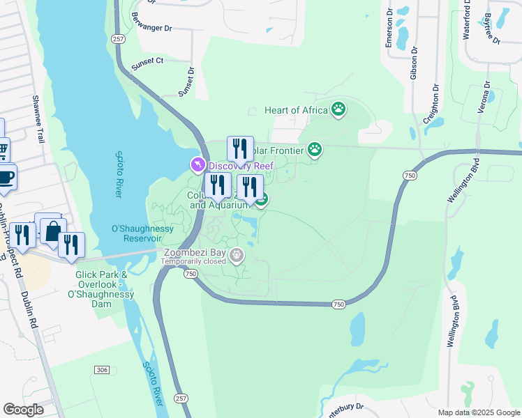 map of restaurants, bars, coffee shops, grocery stores, and more near 4850 West Powell Road in Powell